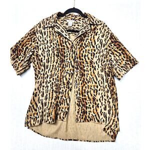 Vintage Cezar 100% Raw Silk Leopard Large Button-Up Short Sleeve Collar Blouse